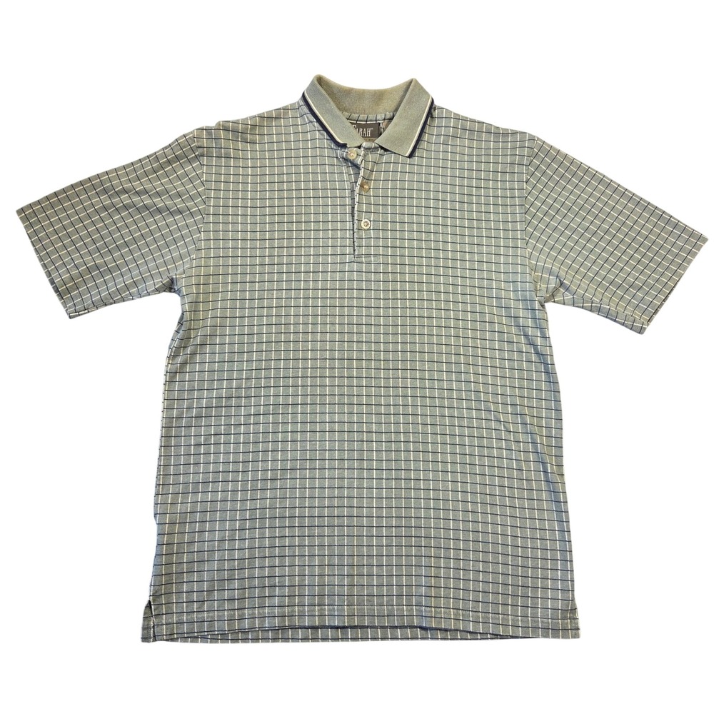 Farah Mens Small Polo Shirt Sage Green Navy Blue Grid Check Cotton Skater Y2k